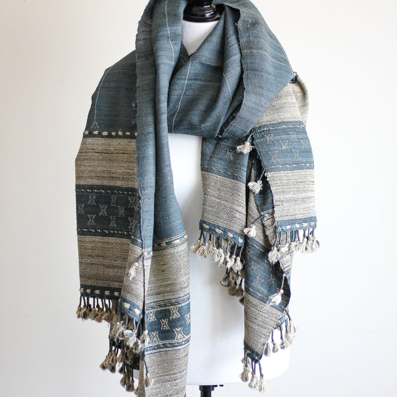 Tussar Silk & Merino Wool Shawl with Tassels - Handspun & Handwoven | Blue, Golden Brown, 40x82"