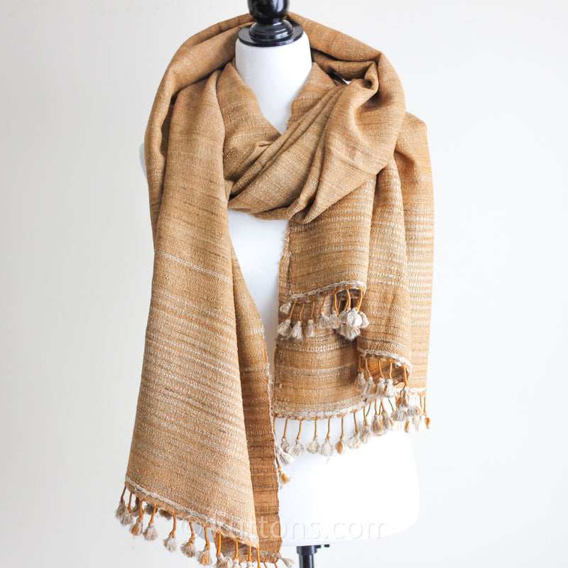 Tusser Silk & Merino Wool Shawl - Long Tassels | Handwoven Golden Wrap