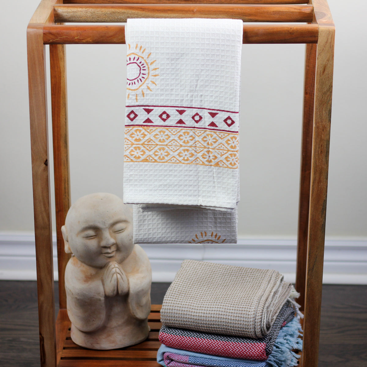 Waffle Weave Handwoven Hand Block Printed Decorative Cotton Towel - Powder Bath Room Decor | White, 29x60"