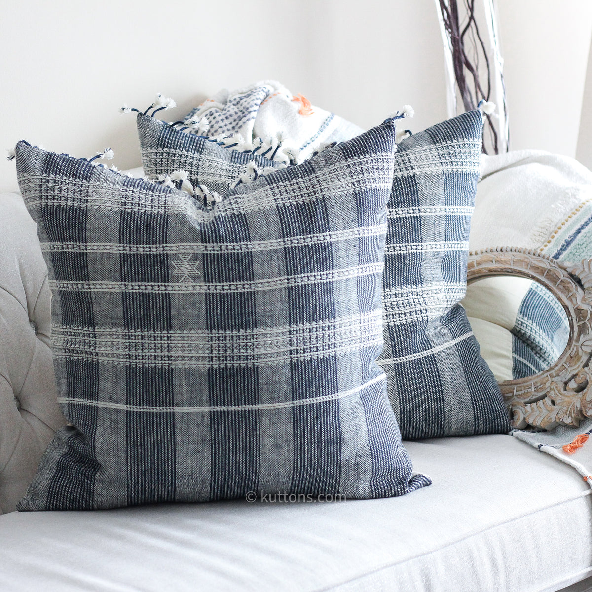 Handwoven Wool Cushion Cover with Tassels, blue