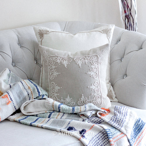 Embroidered Pure Linen Cushion Covers with throw
