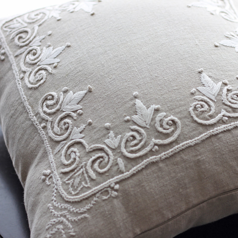 hand embroidery on linen pillow cover