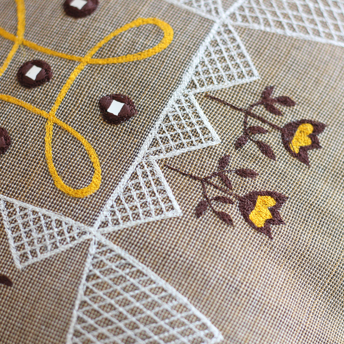 Embroidered Cotton Textured Pillow Cover - Handloom Throw Cushion, close shot