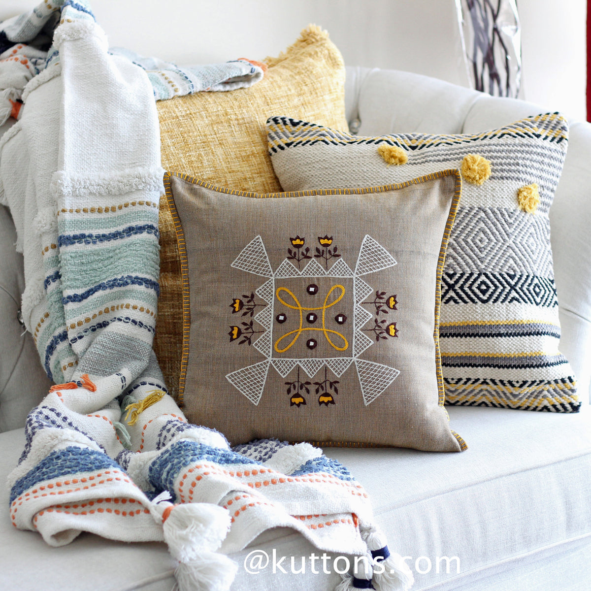 Embroidered Cotton Textured Pillow Cover - Handloom Throw Cushion