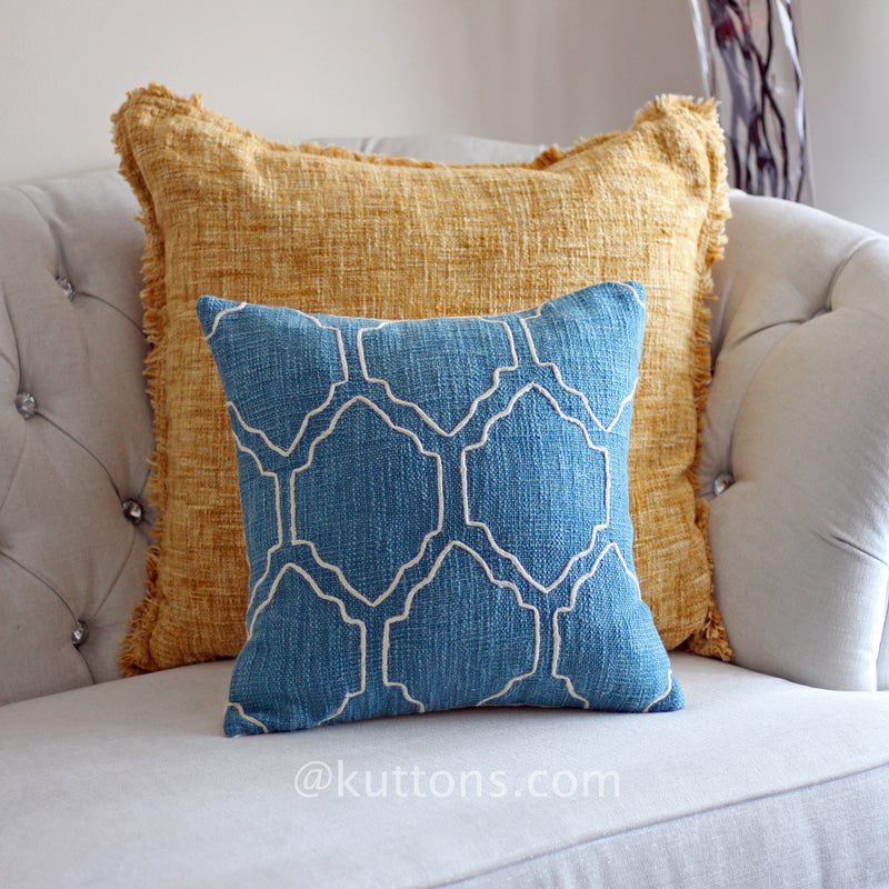 Handcrafted Jute Cotton Throw Pillow Cover - Blue Moroccan Theme Cushion