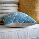 Handcrafted Jute Cotton Throw Pillow Cover - Blue Moroccan Theme Cushion, 16x16"