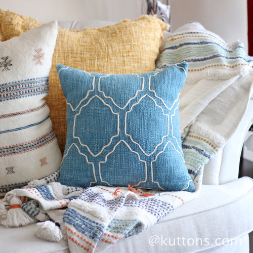 Handcrafted Jute Cotton Throw Pillow Cover - Blue Moroccan Theme Cushion