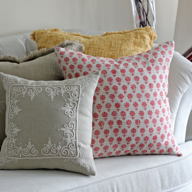 Linen Hand Block Printed Cushion Cover red white
