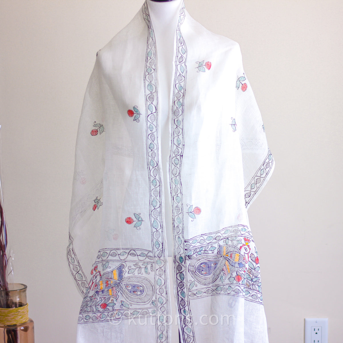 ,adhubani, mithila hand painted white linen stole