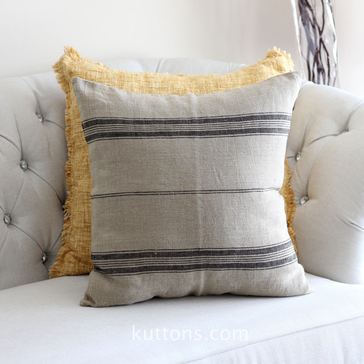 Natural Linen Cushion Cover - Black Stripes | Brown Pillow