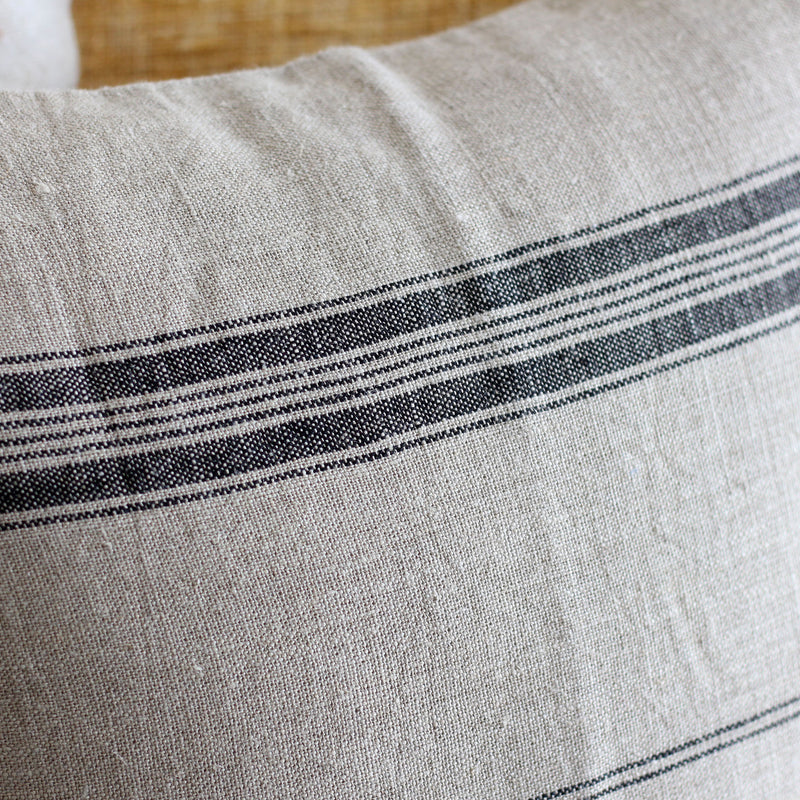 Natural Linen Cushion Cover - Black Stripes | close up