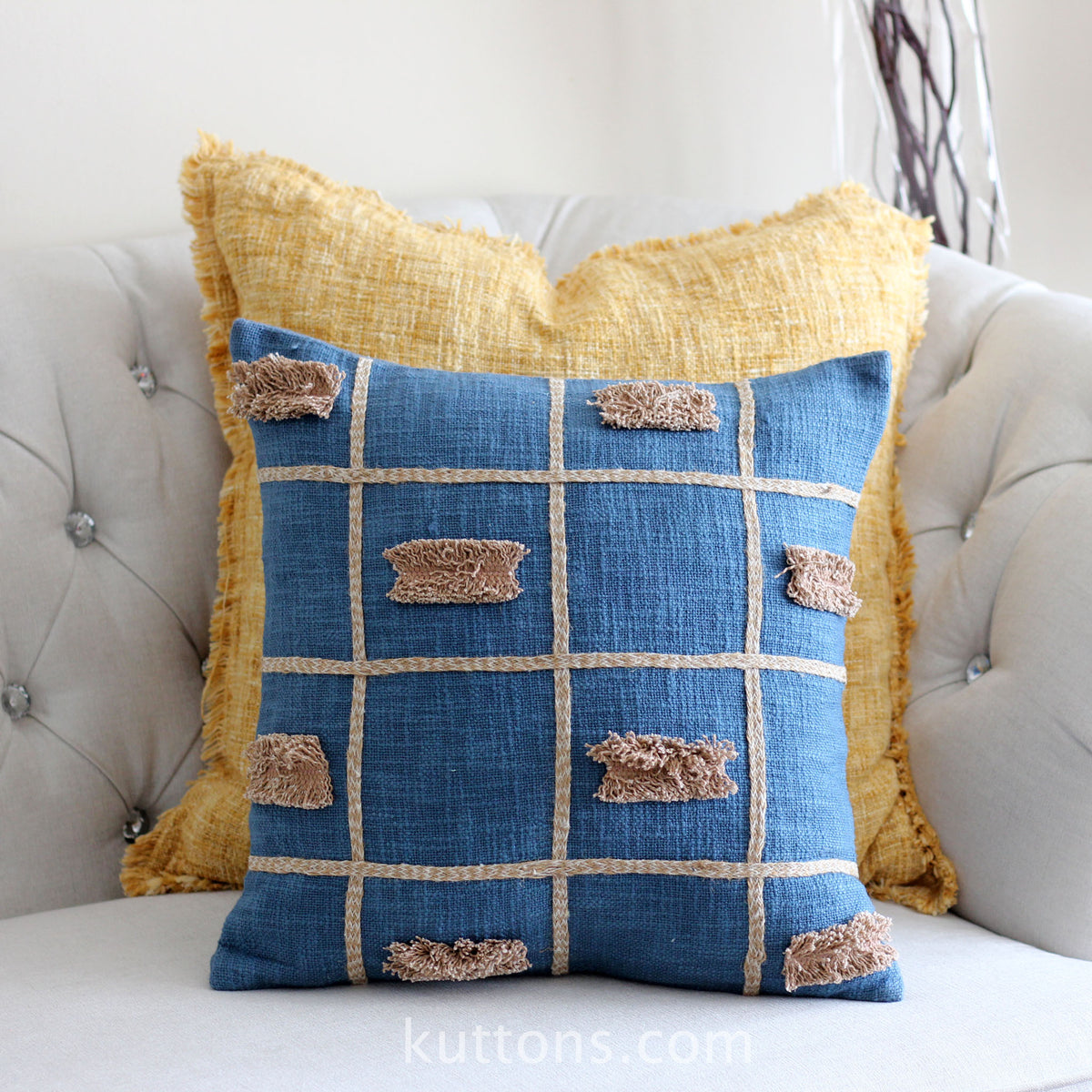 Handcrafted Square Box Cotton Jute Throw Pillow Cover - Decorative Cushions | Blue