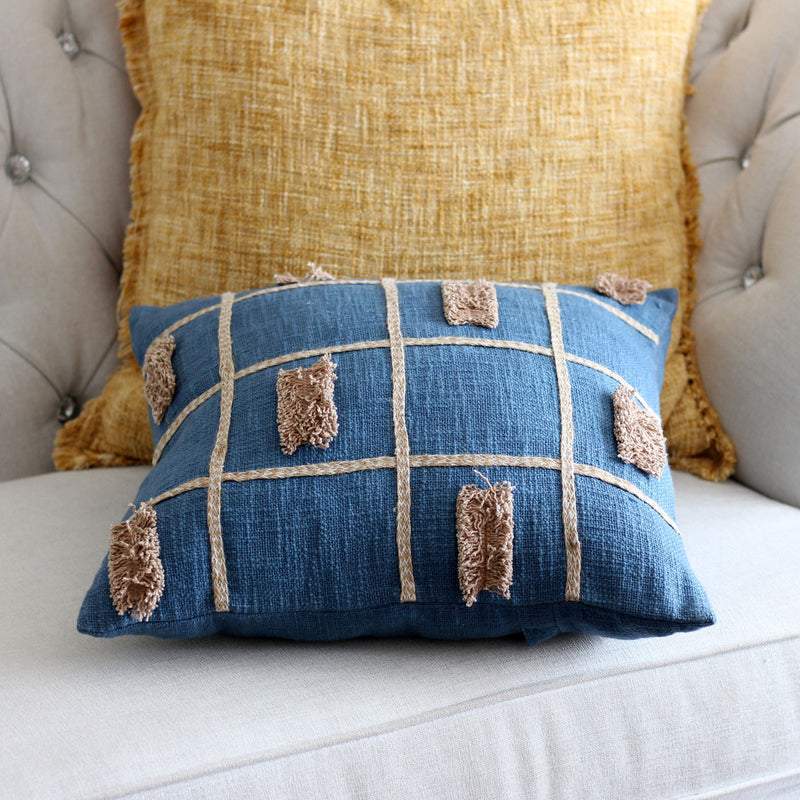 Handcrafted Square Box Cotton Jute Throw Pillow Cover - Decorative Cushions | Blue