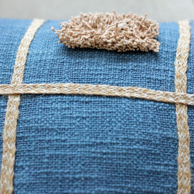Handcrafted Square Box Cotton Jute Throw Pillow Cover - Decorative Cushions | Blue, close shot
