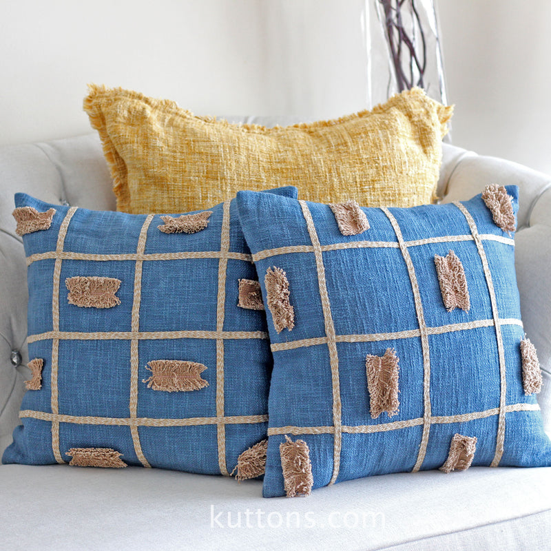 Handcrafted Square Box Cotton Jute Throw Pillow Cover - Decorative Cushions | Blue, pair set