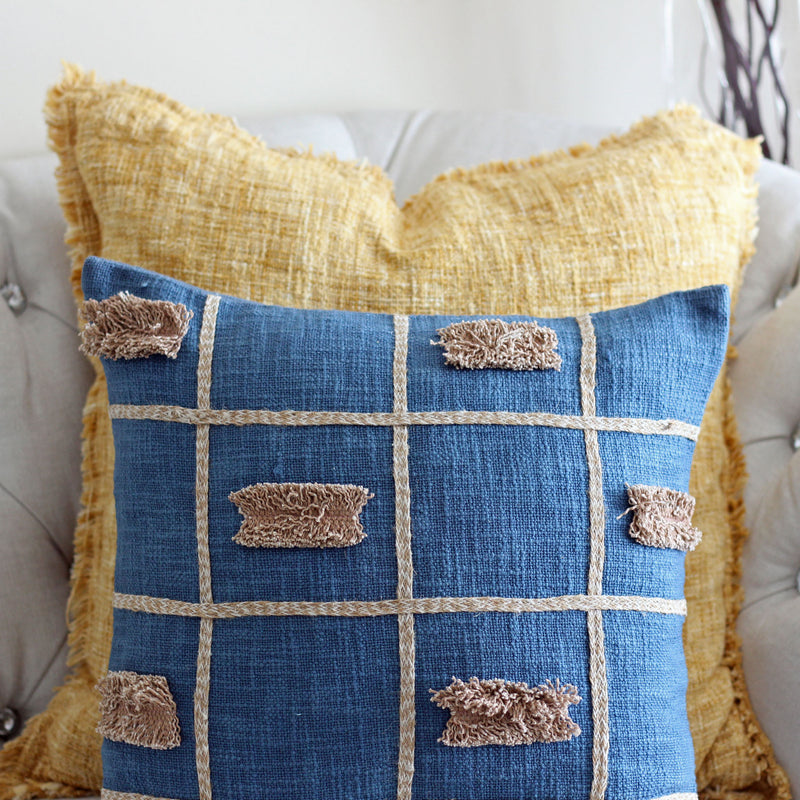 Handcrafted Square Box Cotton Jute Throw Pillow Cover - Decorative Cushions | Blue, 16x16"