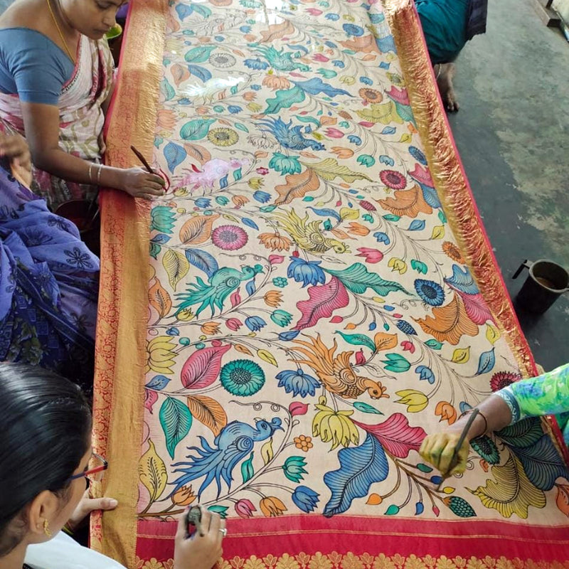 Ethnic Hand-Painted Kalamkari Cotton Wrap Cum Decor - Natural Colours, Storey Theme | Multicolour, 36x94"